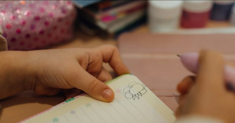 Hands writing in a small notebook at a table