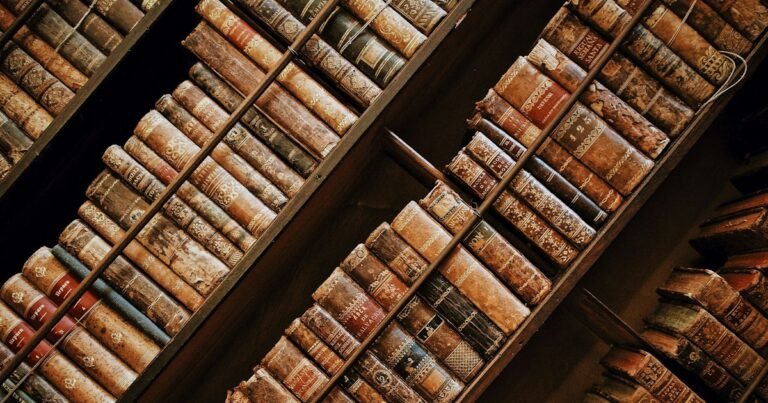 Rows of old leather-bound books on wooden library shelves