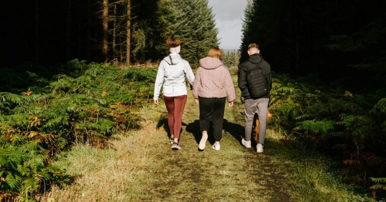 Three friends walking together along a forest trail